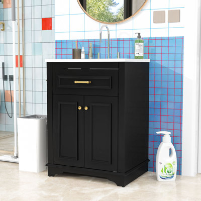 Bathroom Vanity with Ceramic Basin, Tip-Out Drawer and Soft-Close Doors for Compact Spaces