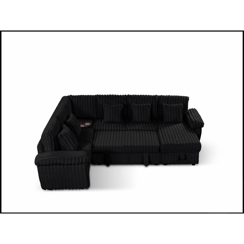 Canapé d'angle en velours côtelé ultra doux en forme de U de 103 pouces avec rangement et lit gigogne, table basse d'angle avec porte-gobelet et port USB