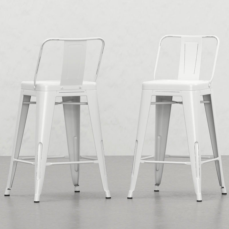 24" Metal Counter Height Stool   Of 2  - Distressed White, Curved Backs For Comfort, Footrests Support, Stable Cross Brace Design 2 Stools, 24 Inch, Structure Kitchen