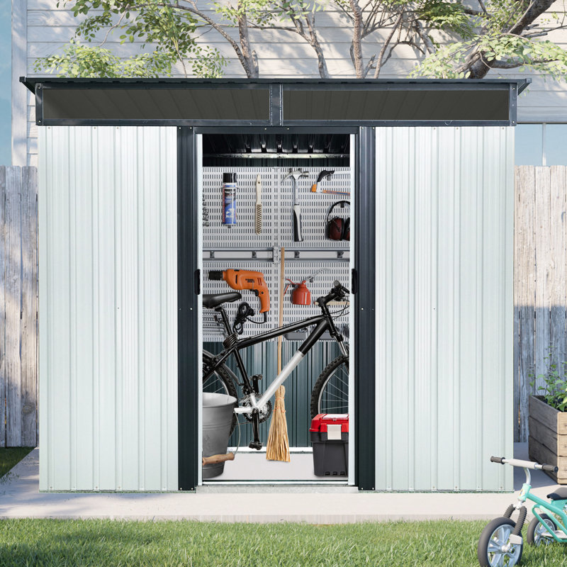 8x6 Ft Metal Garden Shed, With Rust- Material & Spacious Interior White Black Tool Ft, Steel Extra Hooks, White/Black
