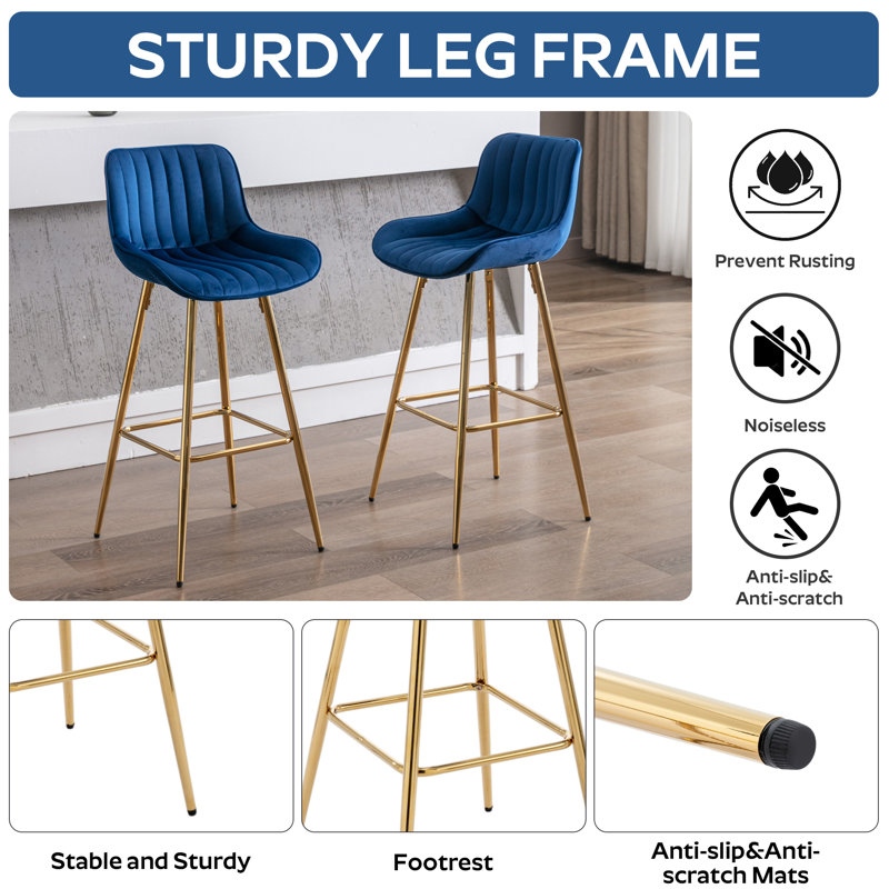 Set of Bar Stools, Velvet Fabric Counter Stool, Blue, 8, Bar Stool (29.92" Seat Height)