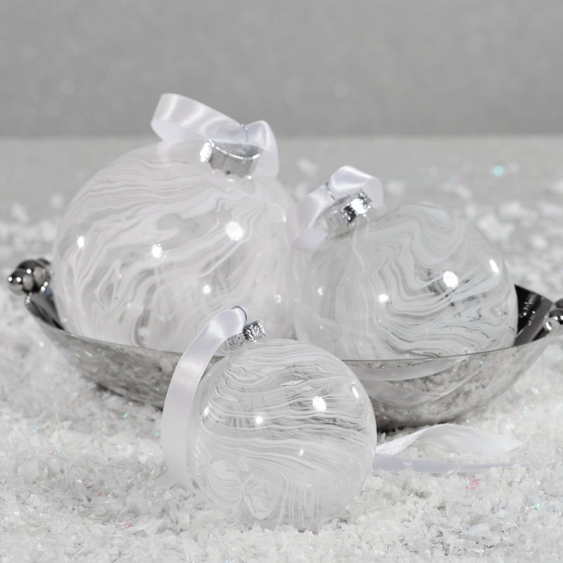 White Watercolor Glass Ball Christmas Ornaments, Set of 6, 3.25" H x 3.25" W x 3.25" D