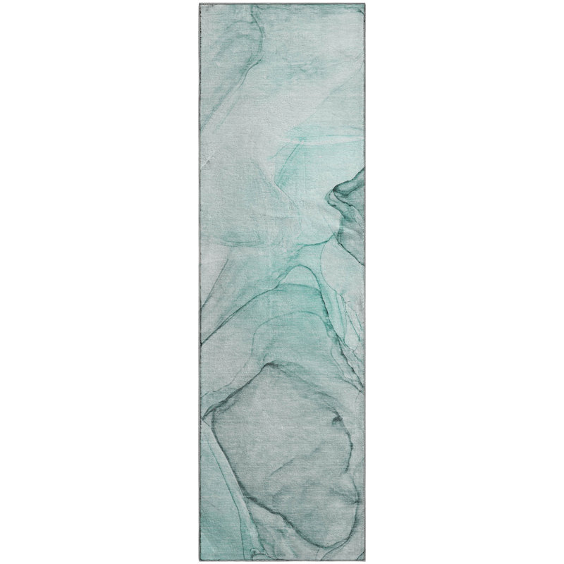 Premium Machine Washable Cerrito AMF502 Teal Rug, Runner 2'3" x 7'6"