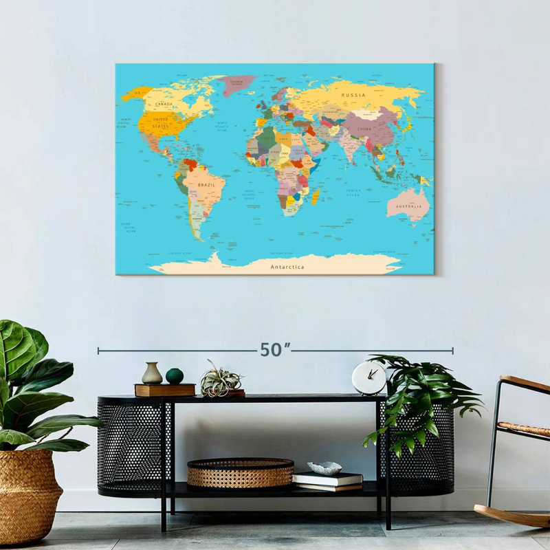 Carte détaillée du monde - reproduction sur toile tendue, H 30 po x l 45 po x P 1,25 po
