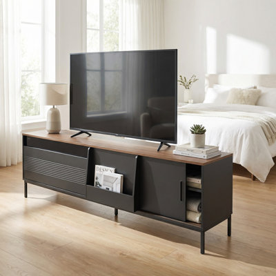 Meuble télé moderne de 70,8 pouces de largeur avec console multimédia avec tiroir de rangement, portes coulissantes, tablettes réglables et structure en métal robuste pour les centres de divertissement de salon