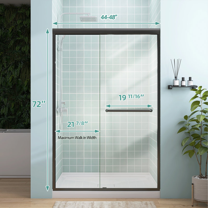 Porte de douche coulissante double 48 po x H 72 po avec demi-cadre et verre trempé pour salle de bain noir mat, Noir mat