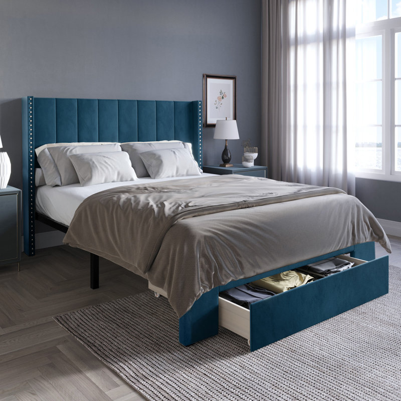 Georgia-Lee Upholstered Wingback Storage Bed, Navy Blue, Twin