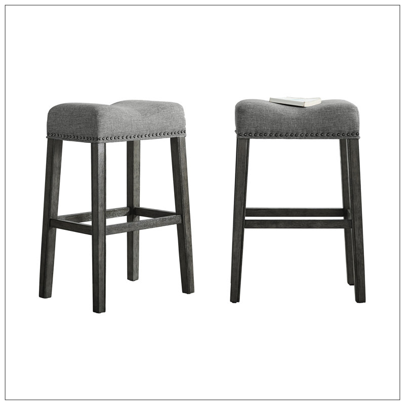 Upholstered Backless Saddle Seat Bar Stools 29" Height Set Of 2, Gray/Black