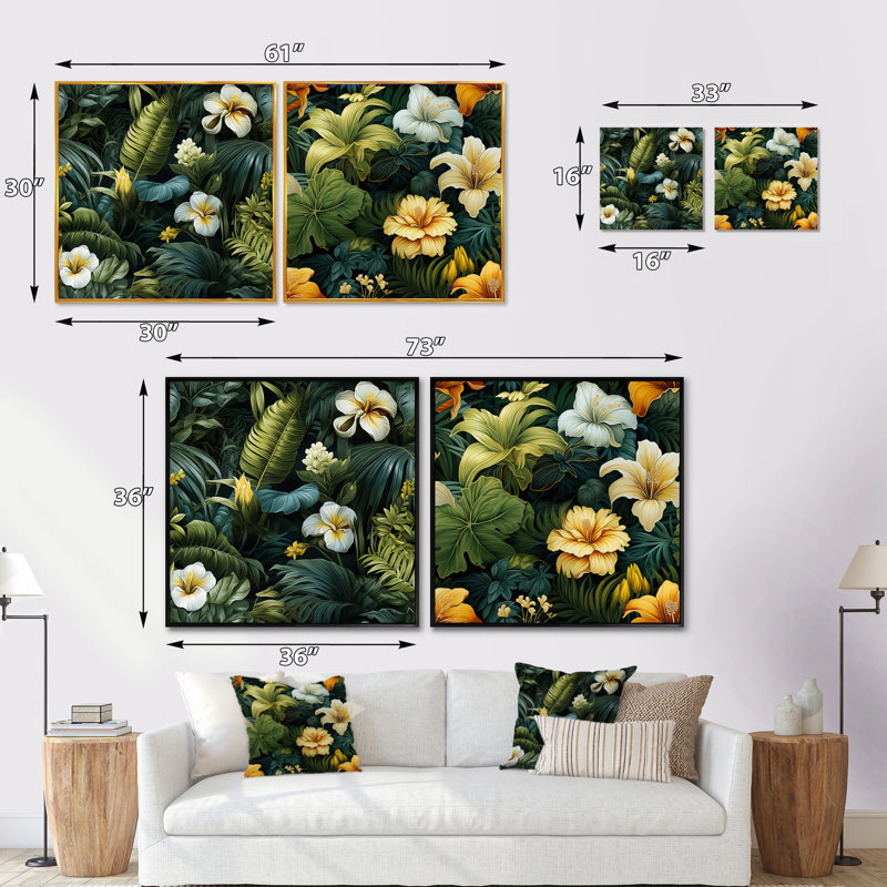 Hibiscus tropical - ensemble de 2 collages floraux carrés, Cadre flottant noir, H 16 po x l 33 po