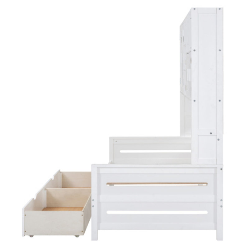 Wooden Daybed With 2 Drawers and All-in-One Cabinet and Shelf, Twin, White