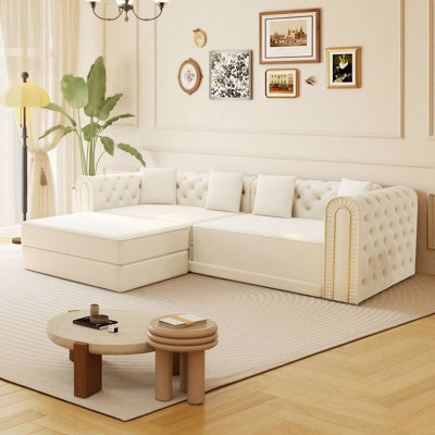 91" Velvet Upholstered Chesterfield Sofa Sleeper Sectional Sofa King-Size Pull-Out Sofa Bed, Convertible Sleeper Couch with 4 Pillows, Beige