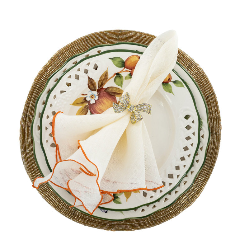 Orange Ruffled Edges 21" Linen Napkin, 4 Set, Off White/Orange