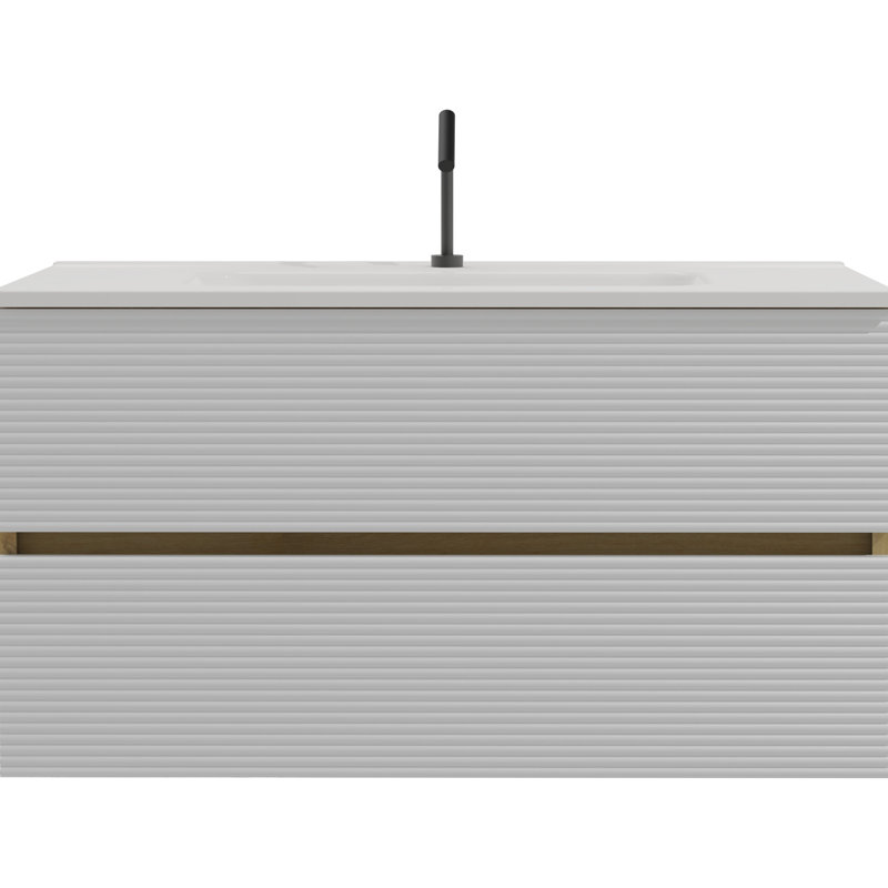 Meuble-lavabo 36 po - Blanc neige mat + Chêne naturel, trop-plein en céramique, rangement généreux, fermeture silencieuse et armoire en chêne 36 po, espace de rangement abondant,