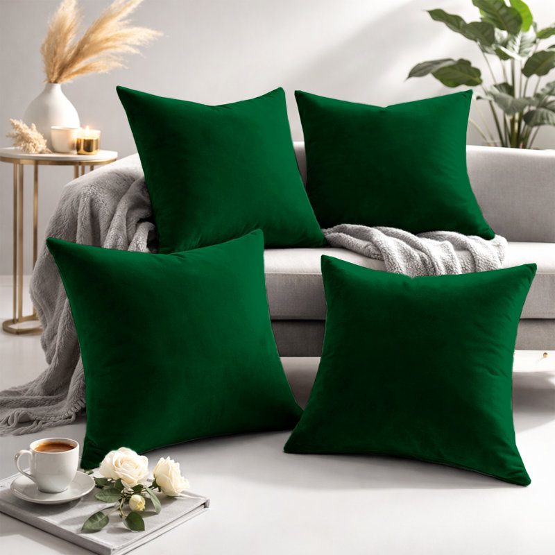 Square Scatter Velvet Cushion Cover ( Set of 4 ), Green Emerald