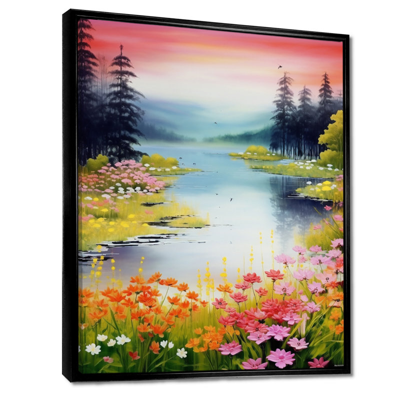 «Pink Blossoming Flower River In The Forest III», reproduction d'art mural, Toile avec cadre flottant noir