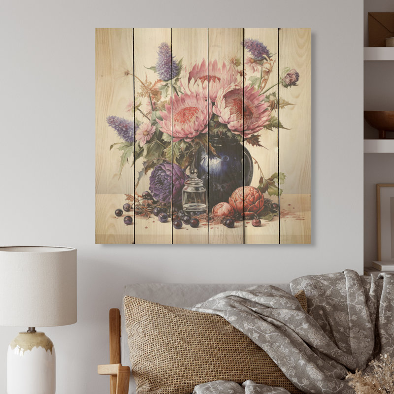 Bouquet de chardon, nature morte - chardon, art sur bois de pin naturel, H 15 po x l 15 po