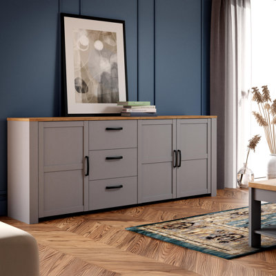 Farmhouse style chest of drawers with 3 doors and 3 drawers, living room, bedroom, engineered wood, grey/warm oak decor, 220.8 cm W x 87 cm H x 42 cm D