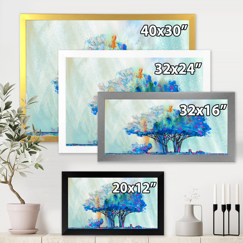 «Blue Colored Tree Impression I», peinture sur toile, H 12 po x l 20 po x p 1 po, Cadre blanc