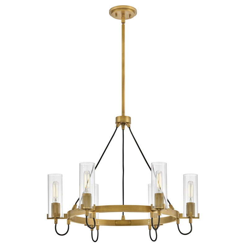 Ryden 28" Six-Light Candle Chandelier w/ Clear Glass Shades, Heritage Brass