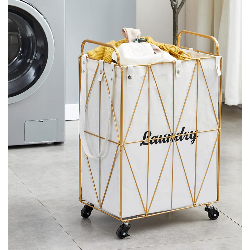 Collapsible Rolling Iron Wire Laundry Hamper, Gold