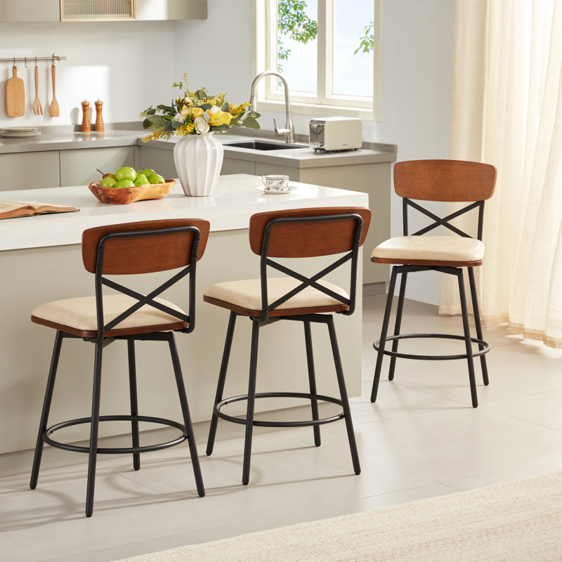 Jerrika Swivel Upholstered Faux Leather Counter Stool, Sand Gray