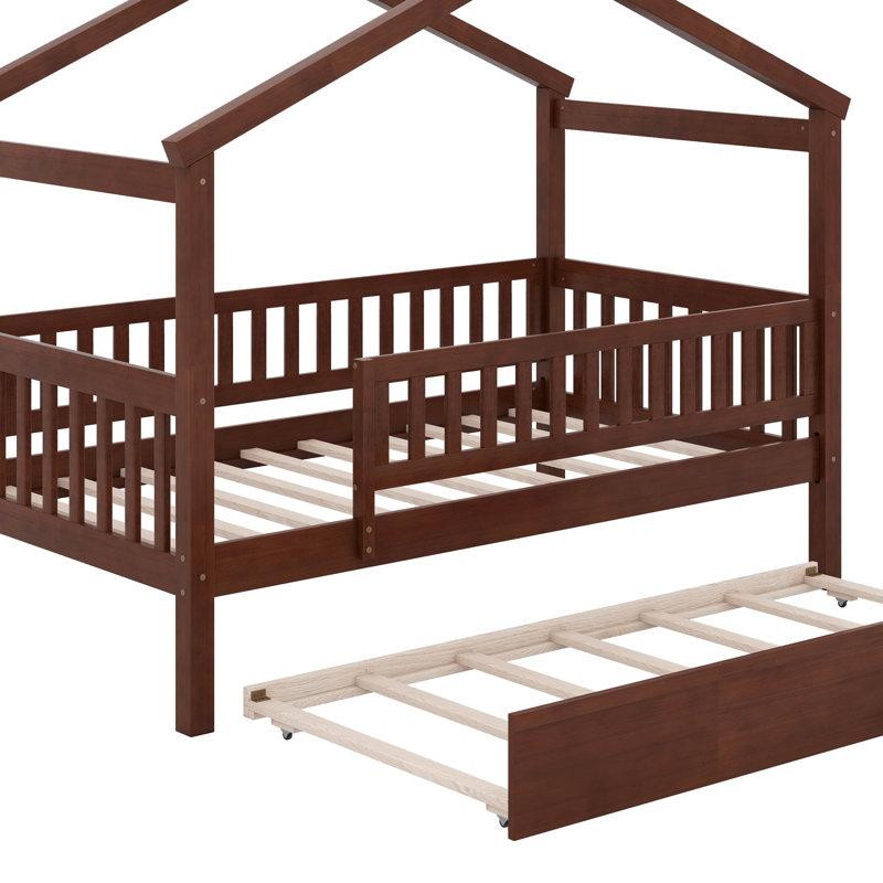 Lit simple en bois avec lit gigogne, Noyer, Lit simple