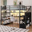 Lit mezzanine double avec escalier et garde-robe, lit mezzanine en métal avec bureau, tablettes de rangement, lumières DEL et station de charge-133273056