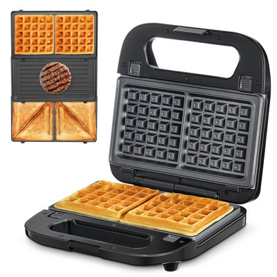 3-in-1 Waffle, Grill & Sandwich Maker – Panini Press and Waffle Iron Set with Removable Non-Stick Plates, Perfect for Grilled Cheese, Tuna Melts, Burgers & Steaks (Black)