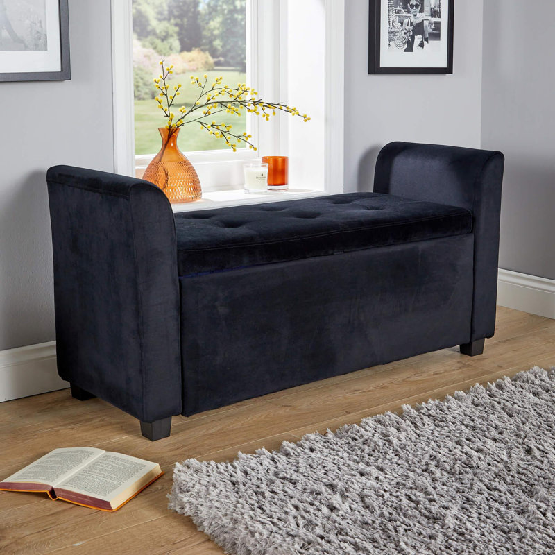 Cheeseman Wide Upholstered Storage Ottoman, Black Velvet