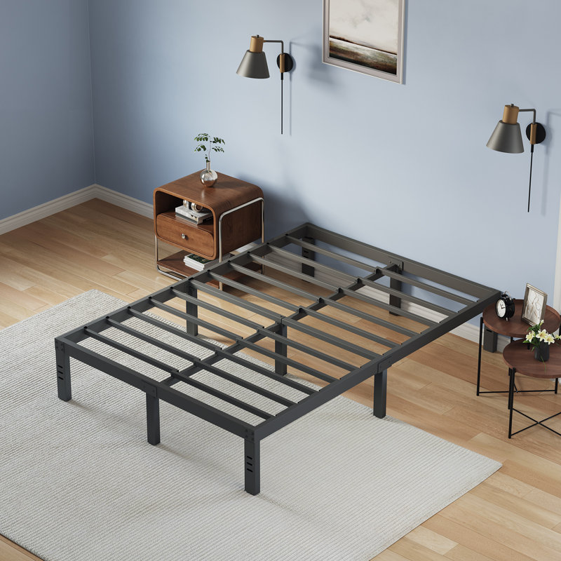 Base de lit plateforme en métal avec support de lattes en acier robuste, aucun sommier requis, Lit double, Noir, 16"