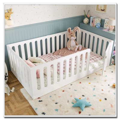 Floor Bed with High Fence with Door, low-profile and No Box Spring Needed Design
