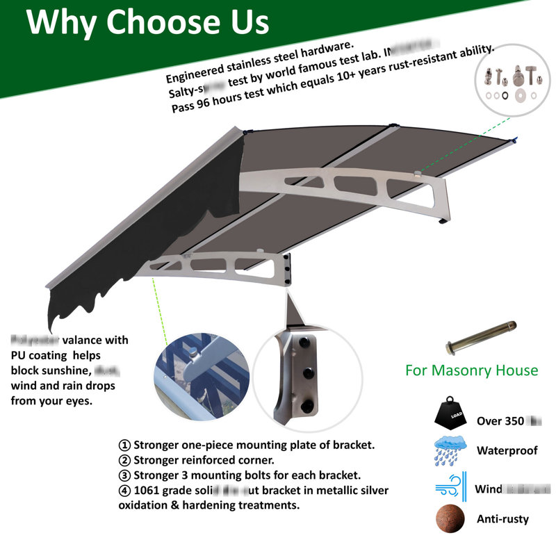 Door Window Awning - 59"x34" Polycarbonate & Aluminum Alloy Heat , Heavy-duty, Protection Rust- Brackets Wind Uv50