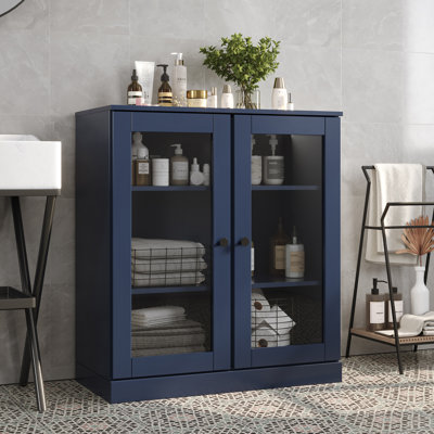 Armoire de salle de bain 100% bois massif 32 po avec portes en verre transparent et tablettes réglables