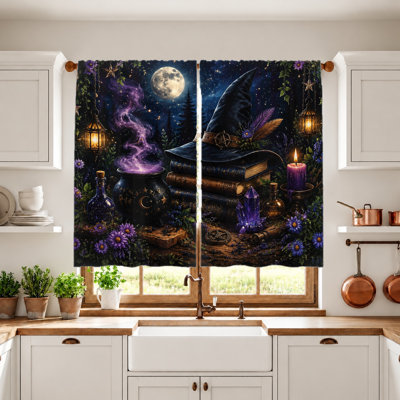 2Pcs Witchy Cauldron and Hat Curtains, Magical Night Scene with Moon Stars, Light Filtering Fabric for Living Room, Bedroom, Balcony, Kitchen Home Decoration