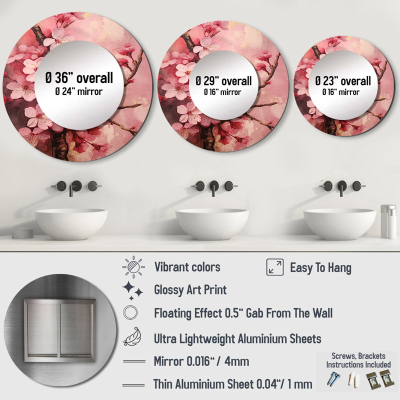 Cherry Blossoms - rose foncé - miroir décoratif cerise, grand miroir mural rond traditionnel, impression d'art en métal