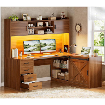 Bureau d'ordinateur en L 55 po avec 4 tiroirs, tablettes de rangement et huche, bureau en L Farmhouse avec lumières DEL