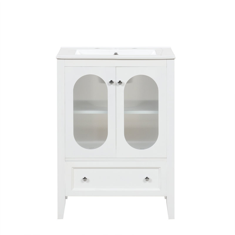 Meuble-lavabo 24 po avec lavabo, meuble-lavabo avec tiroir et portes, tablette réglable, bois massif et panneau de fibres à densité moyenne, blanc