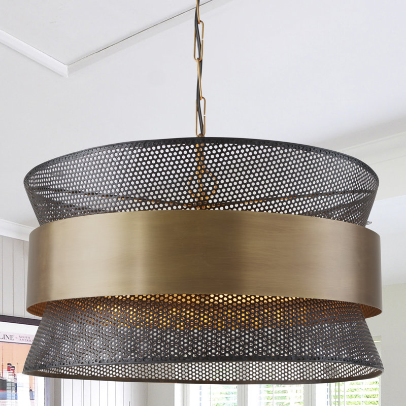 Patinaed Brass and Black 4-Light Drum Pendant with Handcrafted Shade