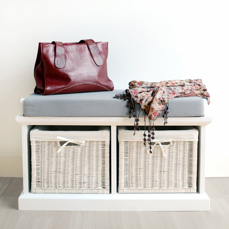 Bastogne Polyester Blend Upholstered Storage Bench, White, Grey, White