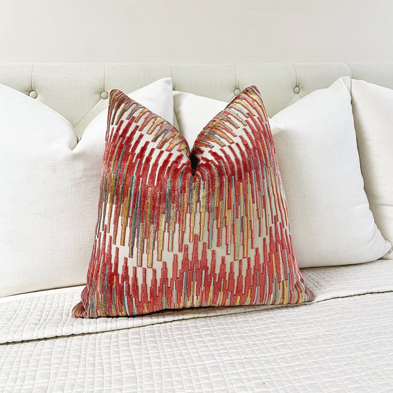 Housse de coussin en velours Zig Zag, H 20 po x l 20 po, Blanc / chevron orange