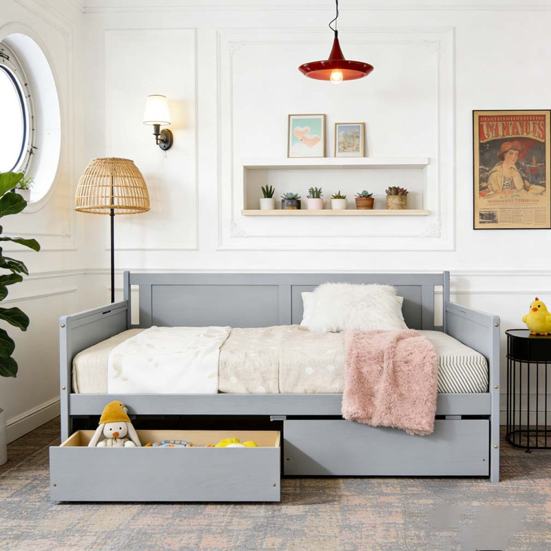 Lit de jour simple en bois avec deux tiroirs de rangement, Gris