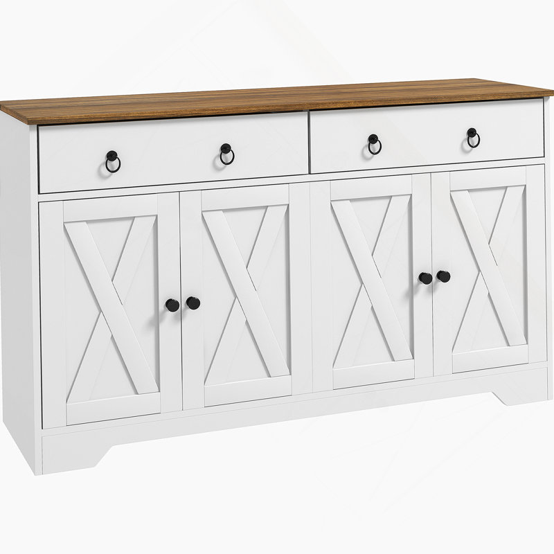 Buffet, buffet avec 2 tiroirs, 2 armoires de rangement, 4 portes de style grange