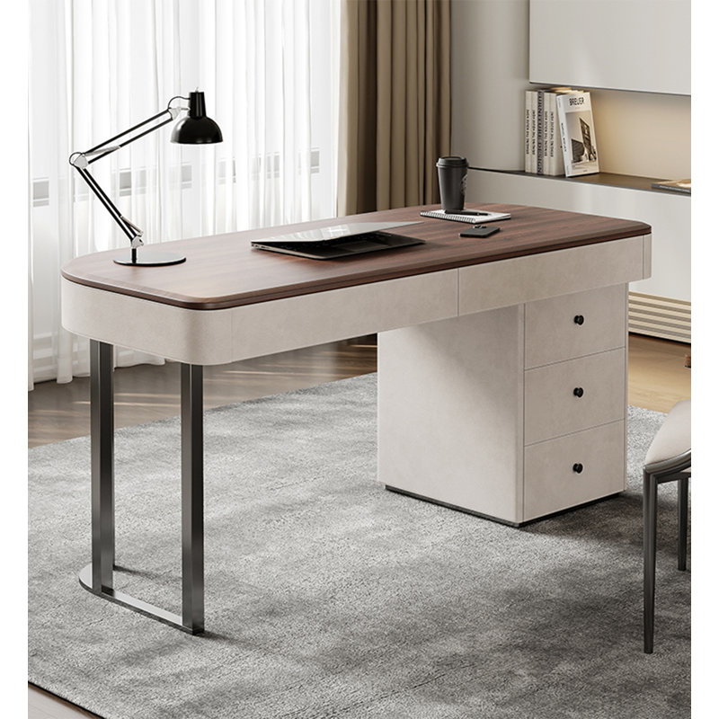 Bureau moderne courbé avec pieds en acier inoxydable et 5 tiroirs, 29.1" H x 63" W x 27.6" D
