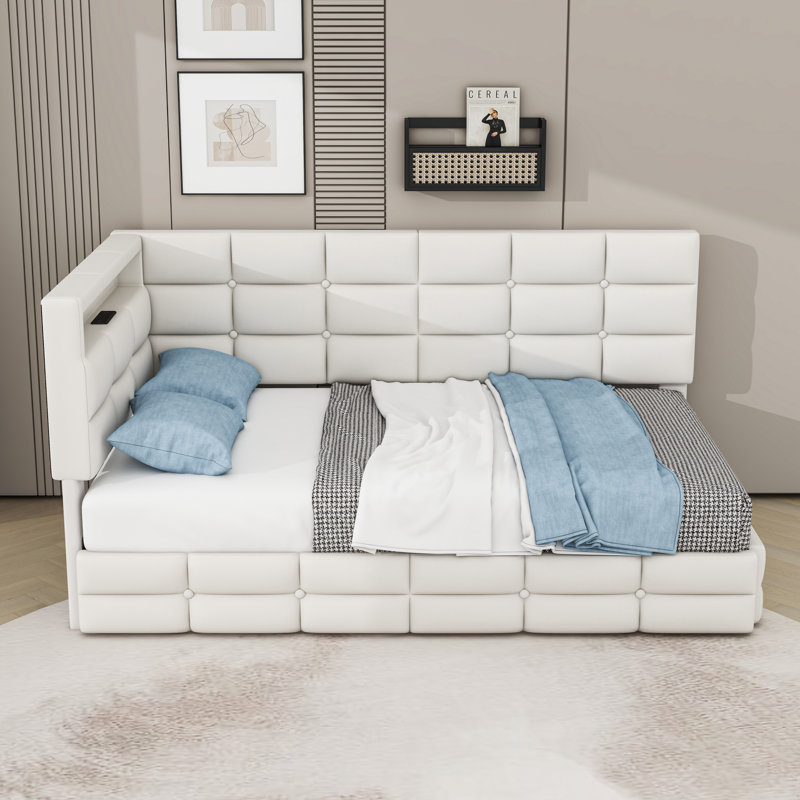 Lit de jour simple rembourré avec tiroirs de rangement, lumière DEL et port USB, Beige