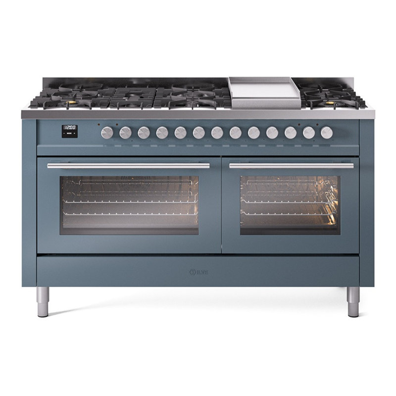 Cuisinière à double combustible ILVE Professional Plus II 60, 8 brûleurs scellés, plaque chauffante, Bleu/gris, Gaz naturel