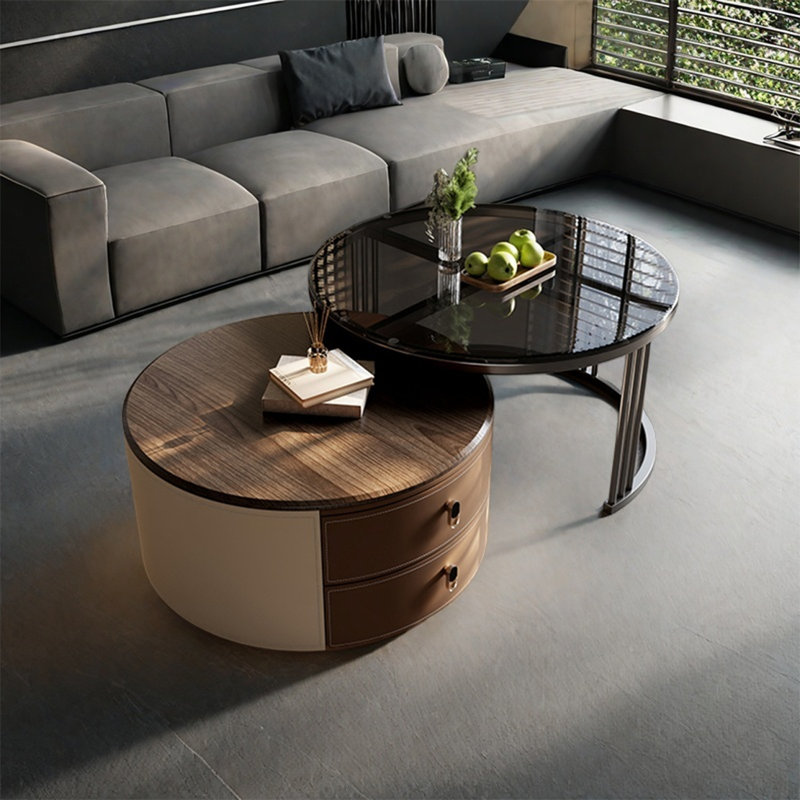 Simple round coffee table combination, Black/Transparent/Light Walnut, 17.7" H x 27.6" L x 27.6" W