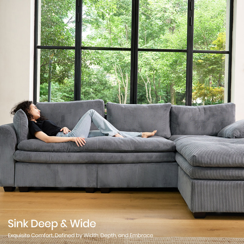 U-Shaped Sectional Corner Sofa With Two Chaises, Gray Corduroy