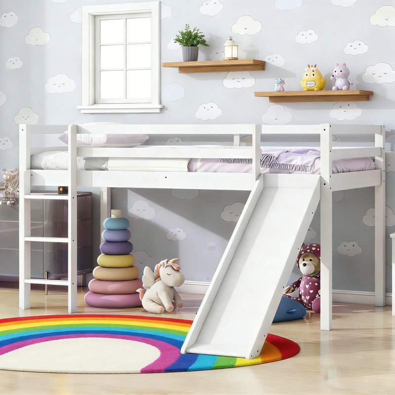 Twin Size Low Loft Bed with Slide and safety Guardrails for Kids Boys Girls, Minimalist Loft Bed with Under Storage and Guardrails for Sleep and Play Area, Sturdy Support and Easy Assembly, White