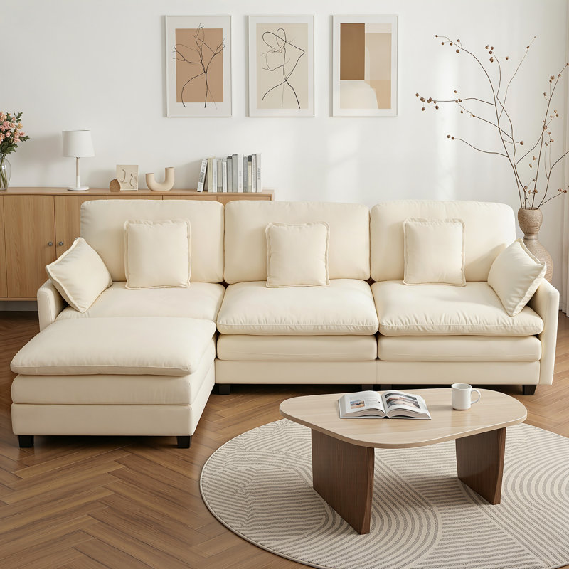 111.8" Modular Sectional Sofa, 3-Seat L Shaped Couch with Reversible Ottoman, Beige, 3-Seater with Ottoman