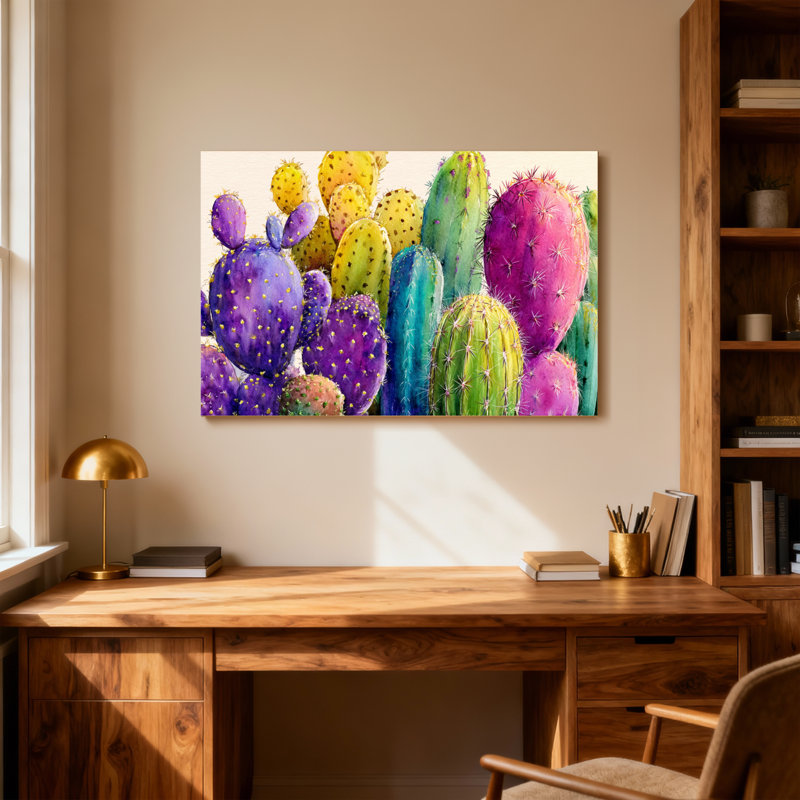 Plantes et fleurs, impression de motif de cactus coloré, H 20 po x l 30 po